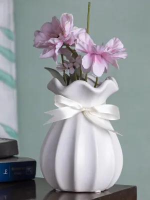 Vase with Bow, Floral Mouth, White, Ceramic