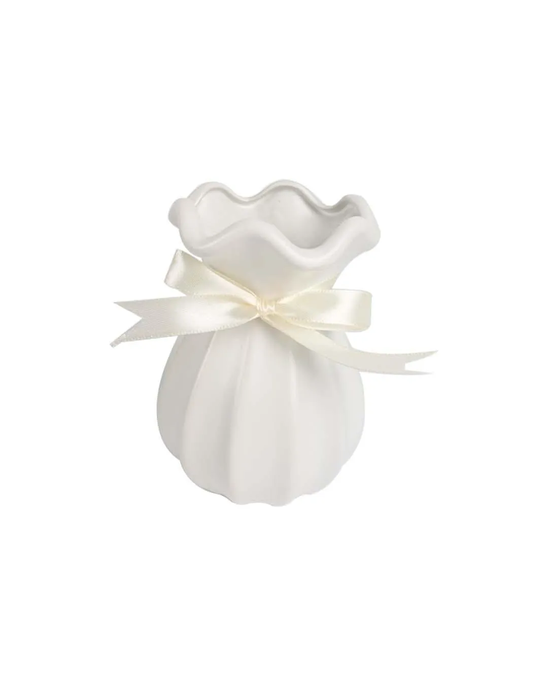 Vase with Bow, Floral Mouth, White, Ceramic