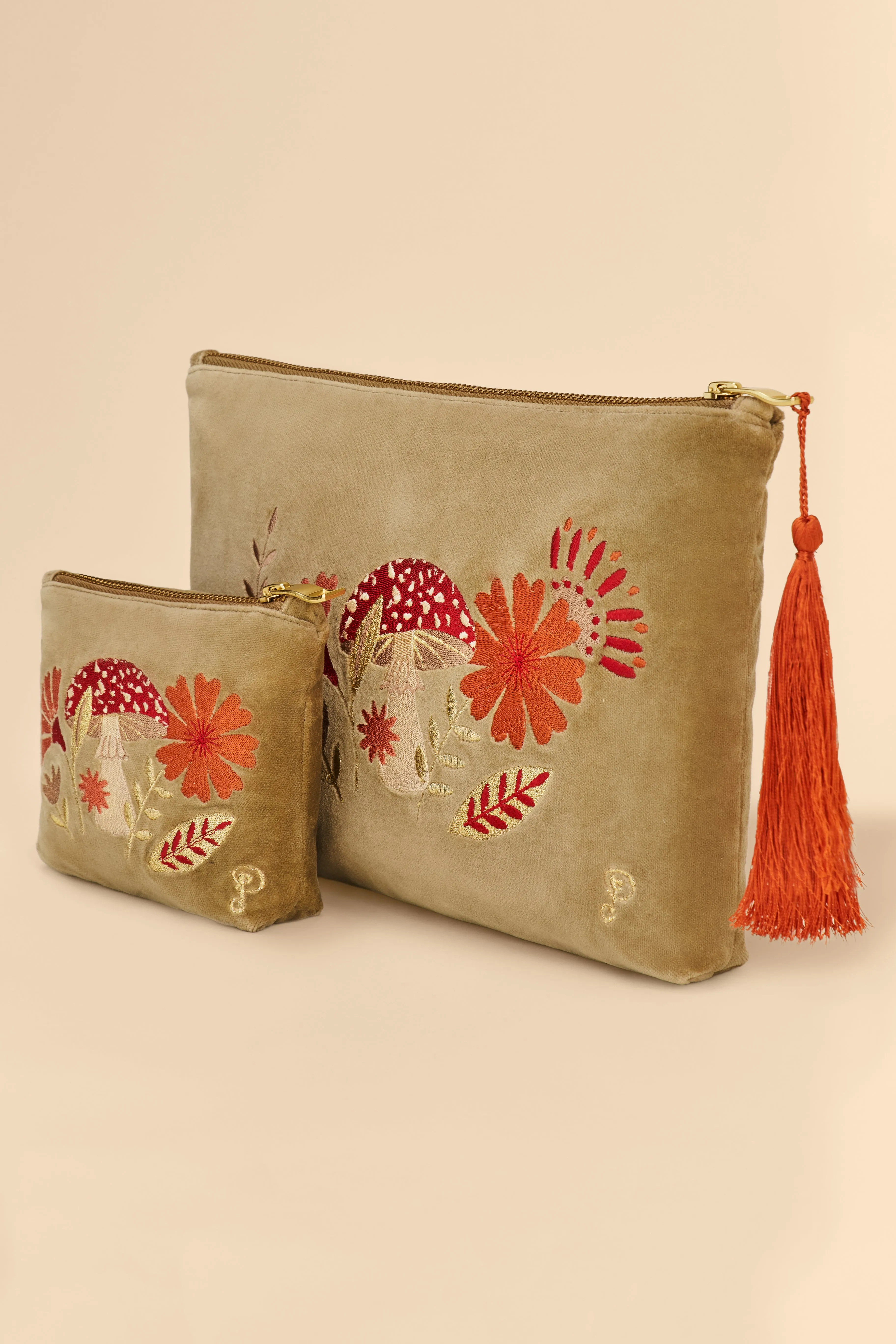 Velvet Embroidered Zip Pouch - Tranquil Toadstool, Sage