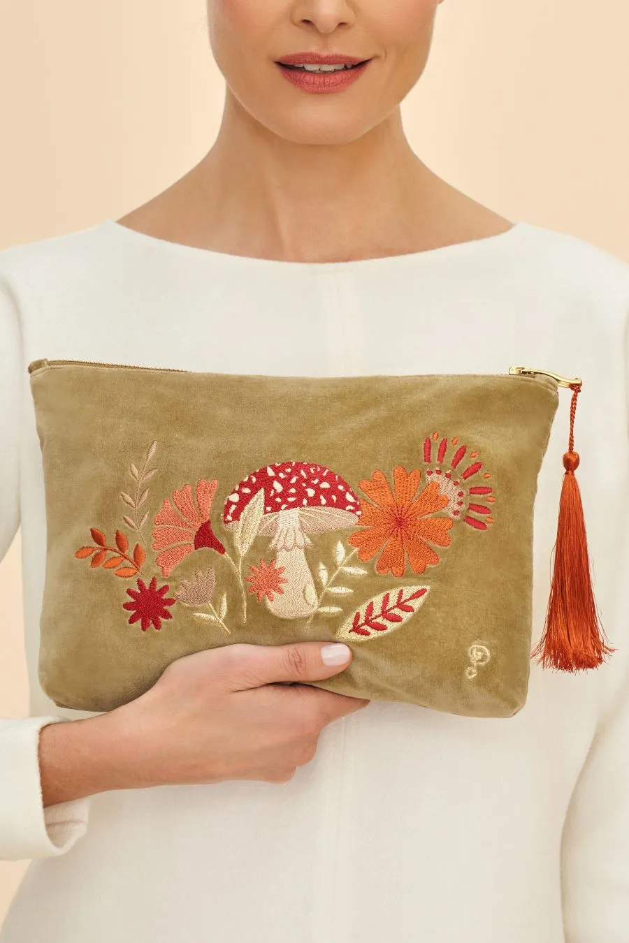 Velvet Embroidered Zip Pouch - Tranquil Toadstool, Sage