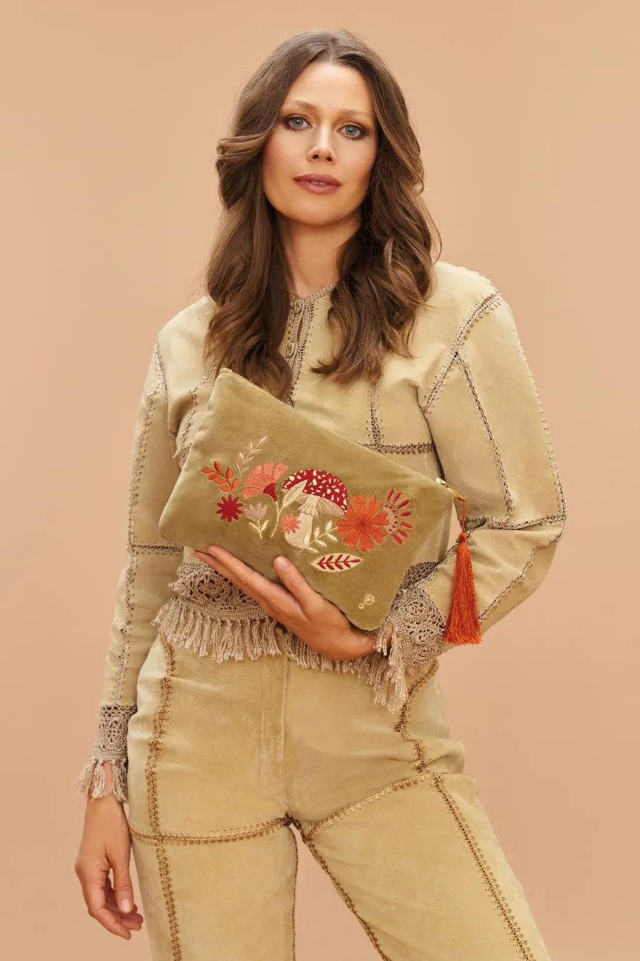 Velvet Embroidered Zip Pouch - Tranquil Toadstool, Sage