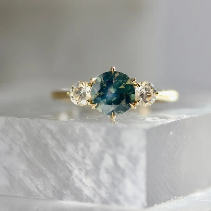 Watermelon Sugar Green Round Brilliant Cut Sapphire & Diamond Trilogy Ring