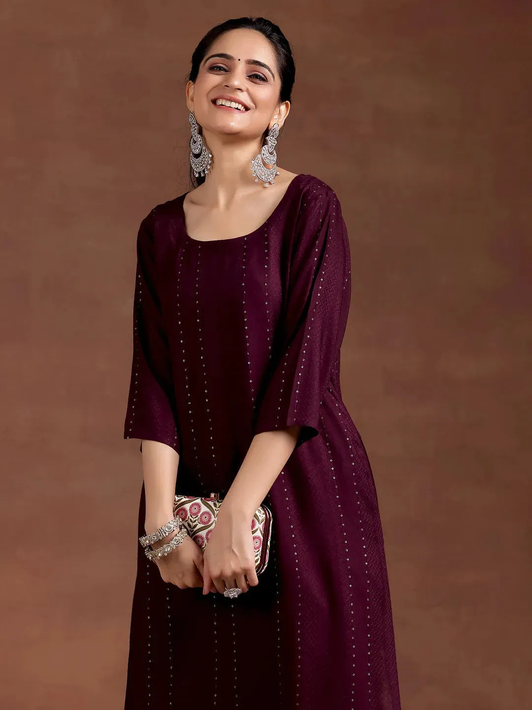Wine Woven Design Rayon Straight Kurta